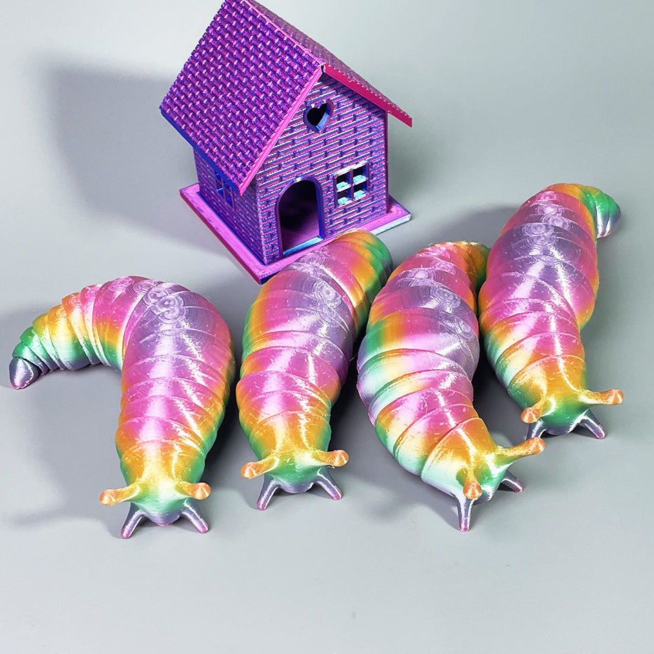 Colorful slug-like creatures with a small purple house on a gray background