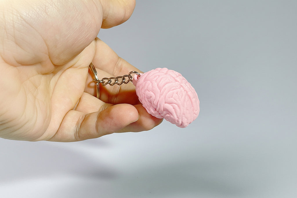 Pink brain-shaped keychain held in a hand with text on a gray background