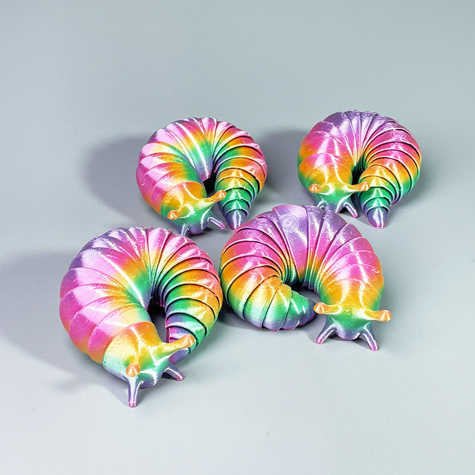 Four colorful, tie-dye inflatable worms on a light gray background